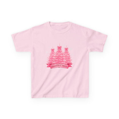Pink Farm Fresh Christmas Tree Dino Tee - Kids Holiday Shirt