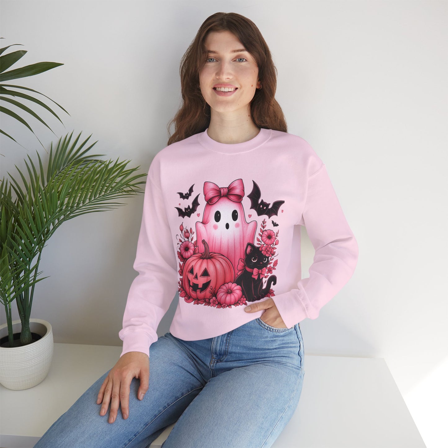 Pink Ghost & Pumpkin Halloween Crewneck Sweatshirt