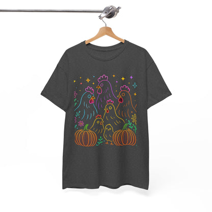 🌻 Autumn Chickens & Pumpkins Tee – Colorful Farm Harvest Shirt