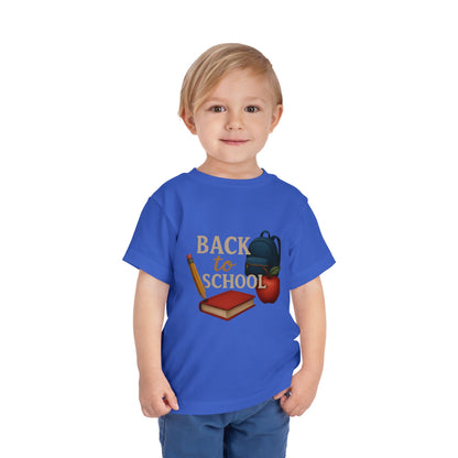 Toddler Tee Back to School Shirt with Backpack, Apple, Pencil, and Book Design