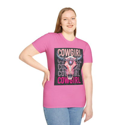 Cowgirl Skull Graphic T-Shirt, Western Fashion Tee, Unisex Cowboy Shirt, Boho Style Wear, Gift for Cowgirls, Casual Outing Top
