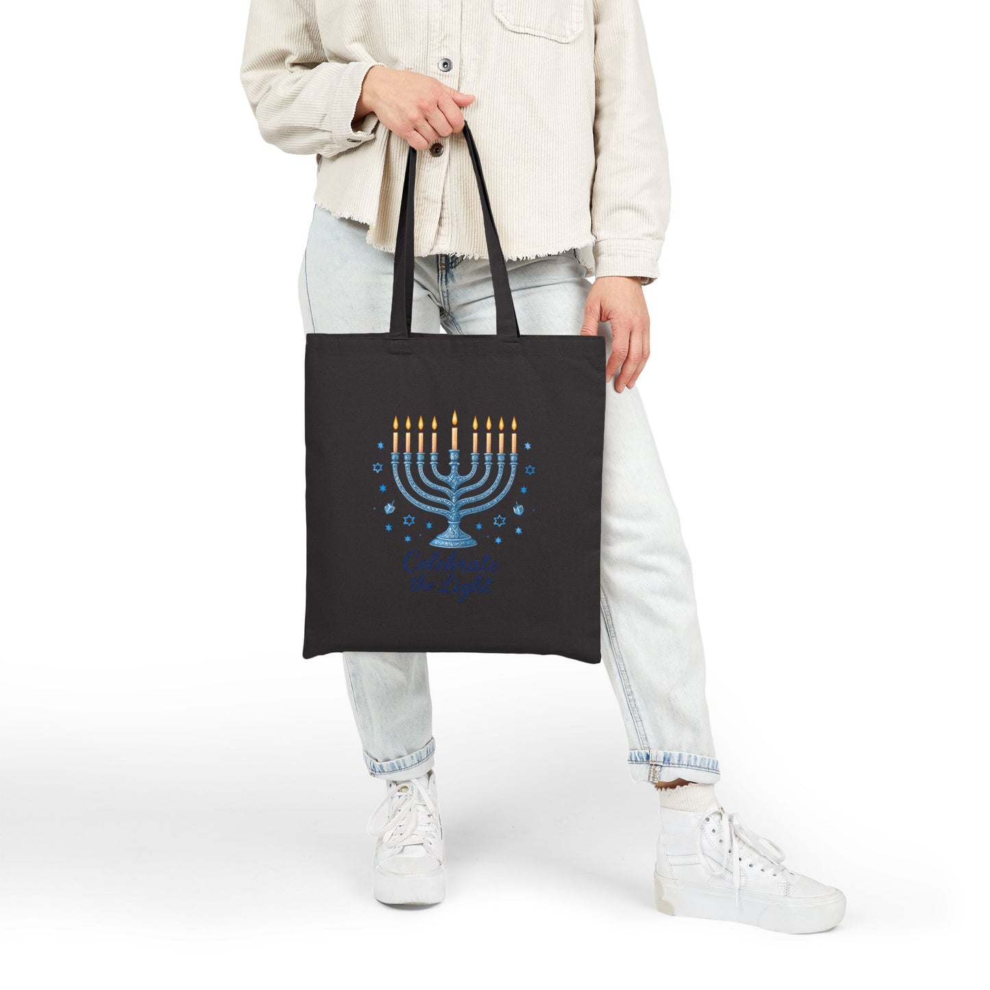 Hanukkah Menorah Tote Bag – "Celebrate the Light" Cotton Canvas Shopper
