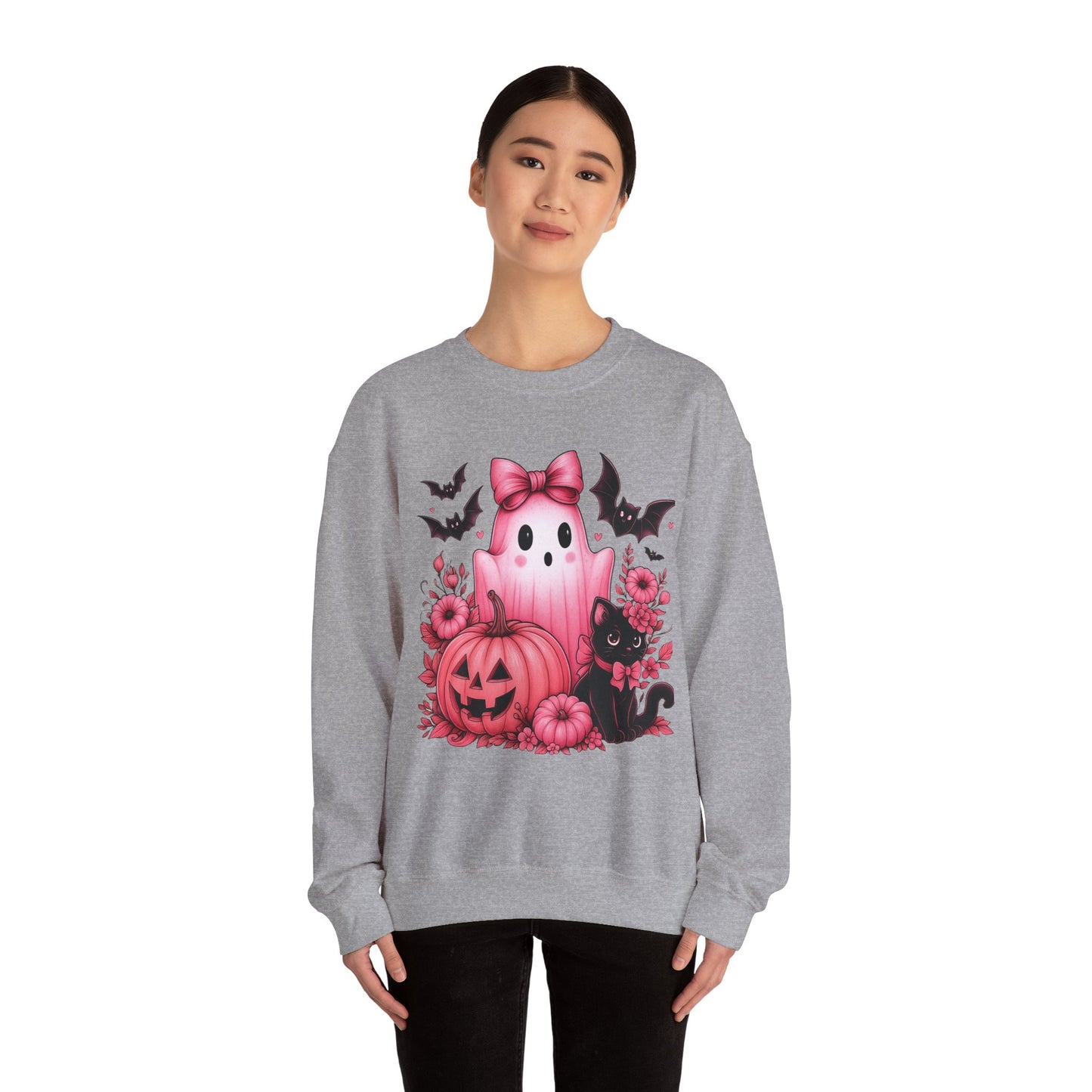 Pink Ghost & Pumpkin Halloween Crewneck Sweatshirt