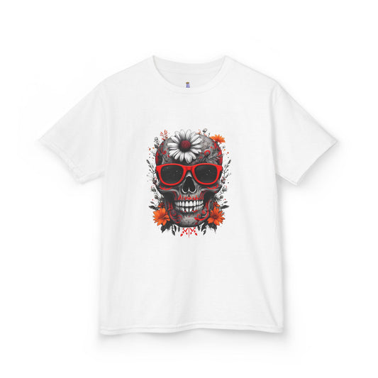 Kids Skull Floral Tee | Unique Kids Shirt, Fun Party Attire, Halloween Outfit, Day of the Dead Apparel, Summer Graphic Tee