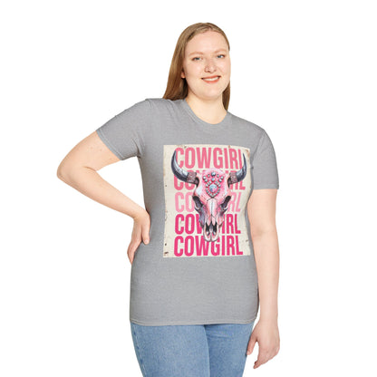 Cowgirl Skull Graphic Tee, Unisex Softstyle T-Shirt, Western Style Shirt, Gift for Cowgirls, Country Music Lover Shirt, Rodeo Outfit