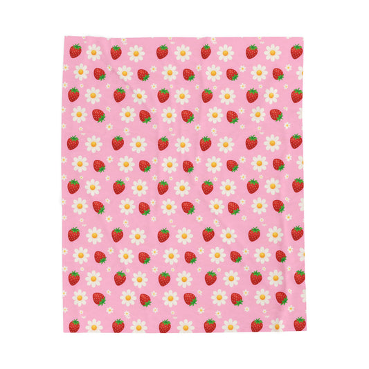 Cozy Strawberry Floral Blanket | Soft Plush Throw, Nursery Decor, Gift for Kids, Spring Home Accents, Cute Couch Cover