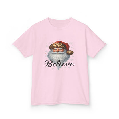 Leopard Print Santa 'Believe' Kids Christmas Tee