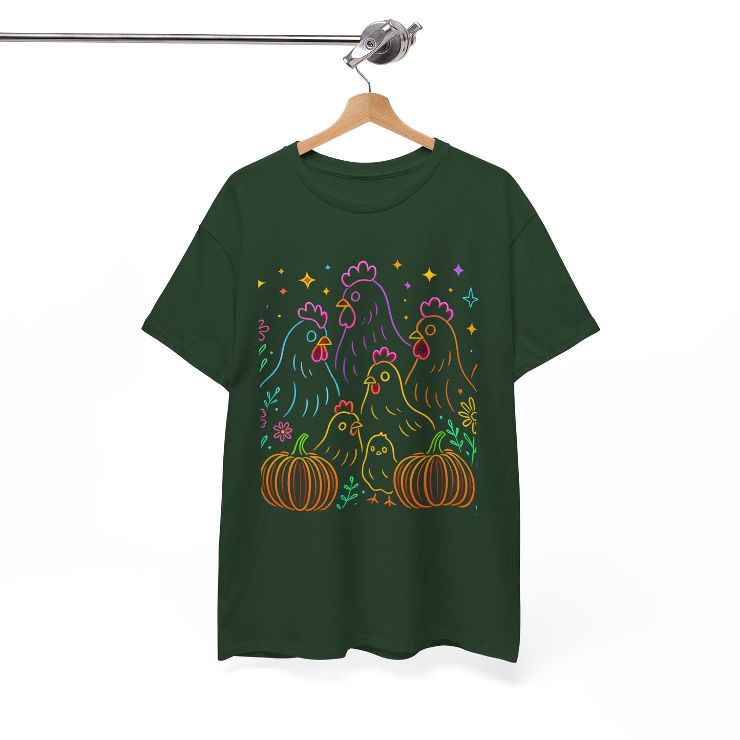 🌻 Autumn Chickens & Pumpkins Tee – Colorful Farm Harvest Shirt