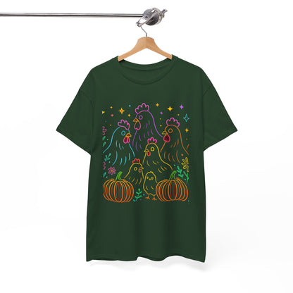🌻 Autumn Chickens & Pumpkins Tee – Colorful Farm Harvest Shirt