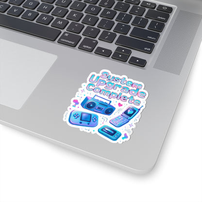 Retro Tech Kiss-Cut Sticker – "System Upgrade Complete" Vaporwave Gaming Laptop Decal