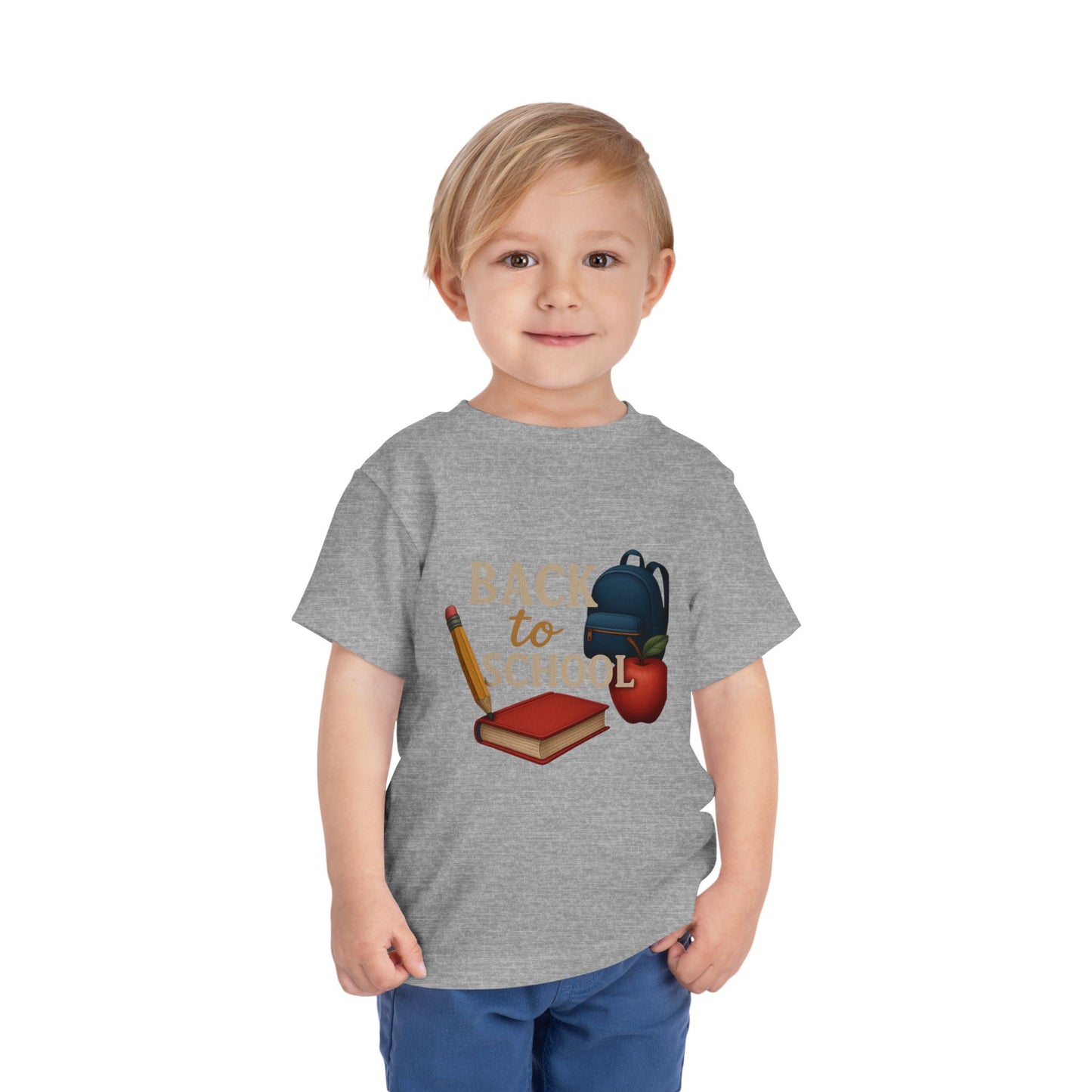 Toddler Tee Back to School Shirt with Backpack, Apple, Pencil, and Book Design