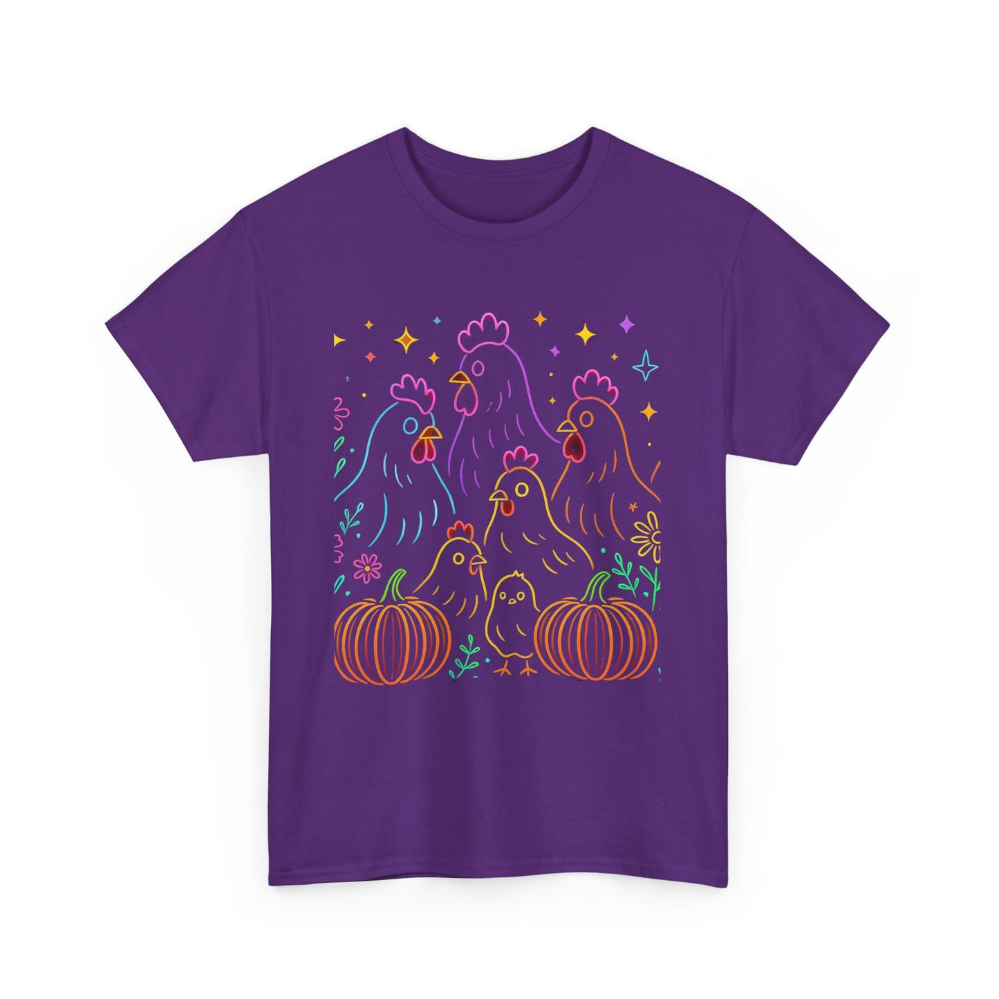🌻 Autumn Chickens & Pumpkins Tee – Colorful Farm Harvest Shirt
