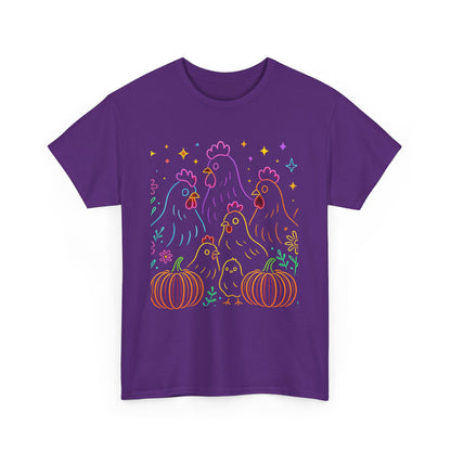 🌻 Autumn Chickens & Pumpkins Tee – Colorful Farm Harvest Shirt