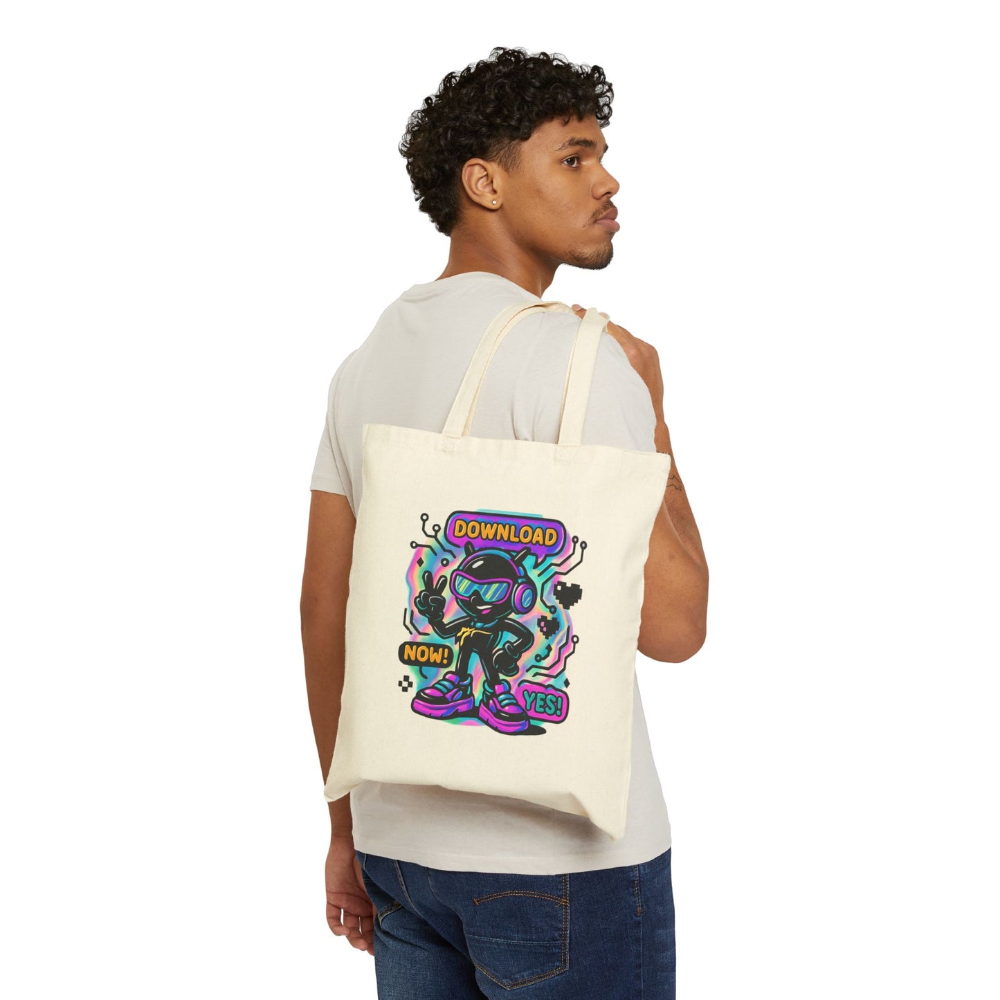 Retro Cyber Mascot Tote Bag — "Download Now! Yes!" Neon Gamer Canvas Tote