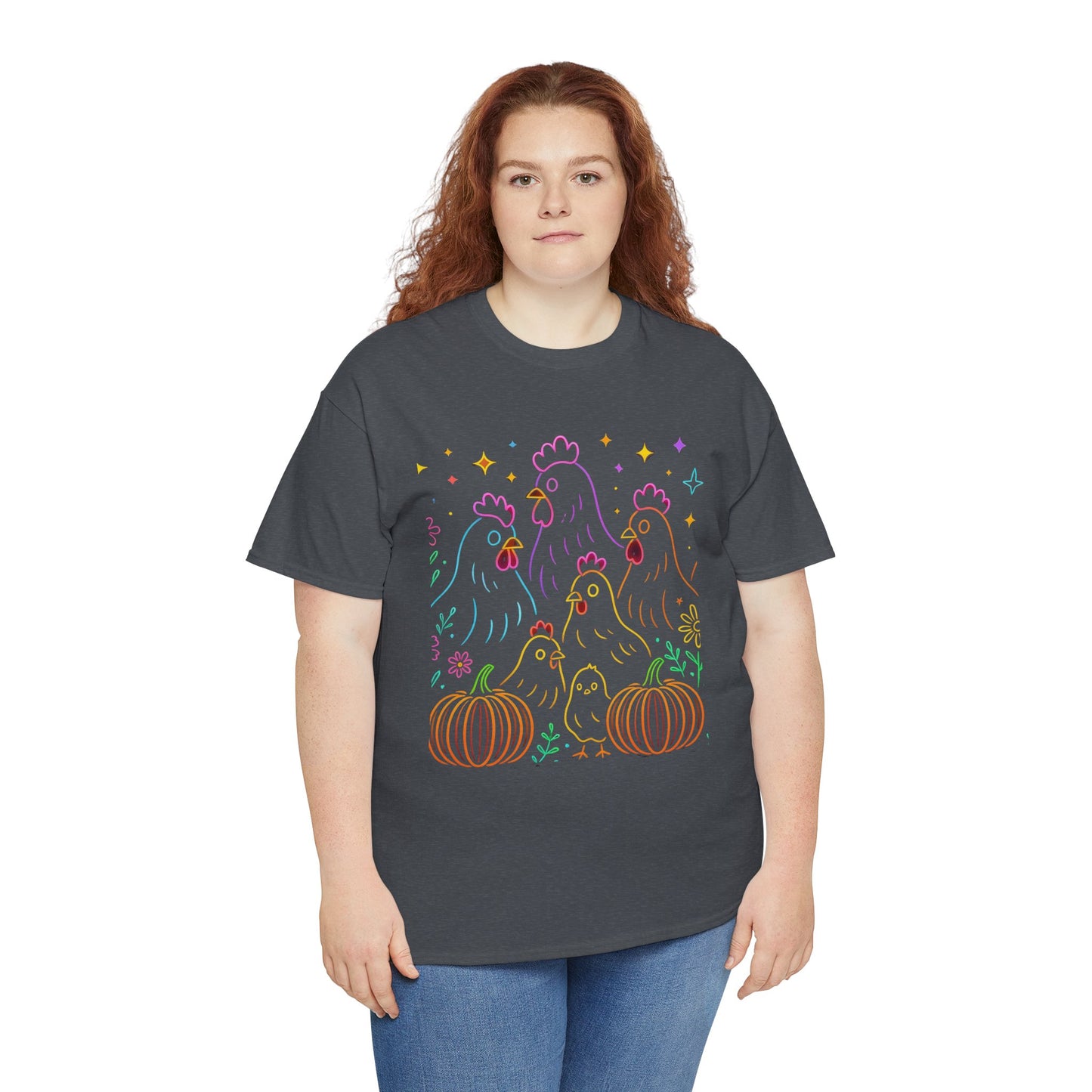 🌻 Autumn Chickens & Pumpkins Tee – Colorful Farm Harvest Shirt