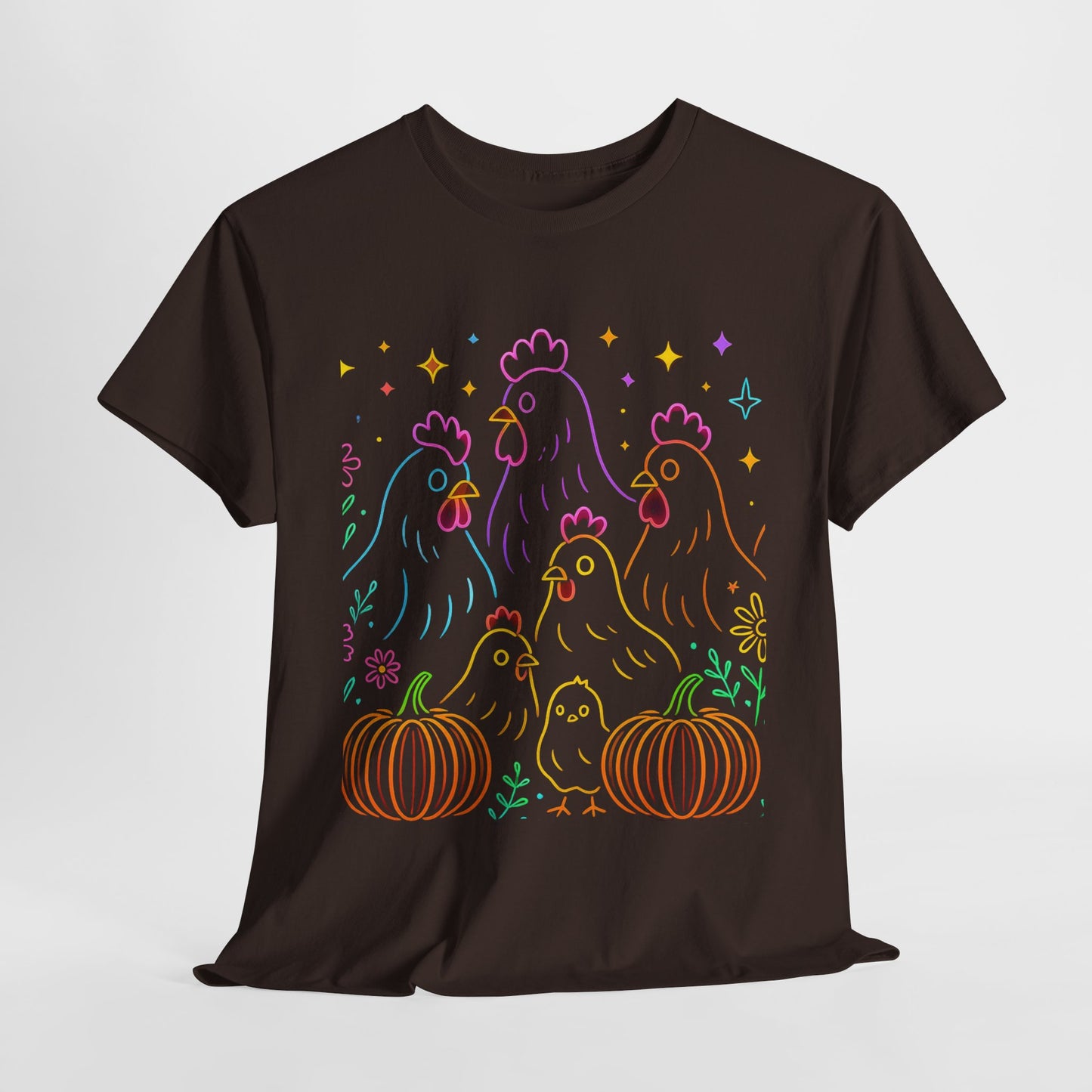 🌻 Autumn Chickens & Pumpkins Tee – Colorful Farm Harvest Shirt
