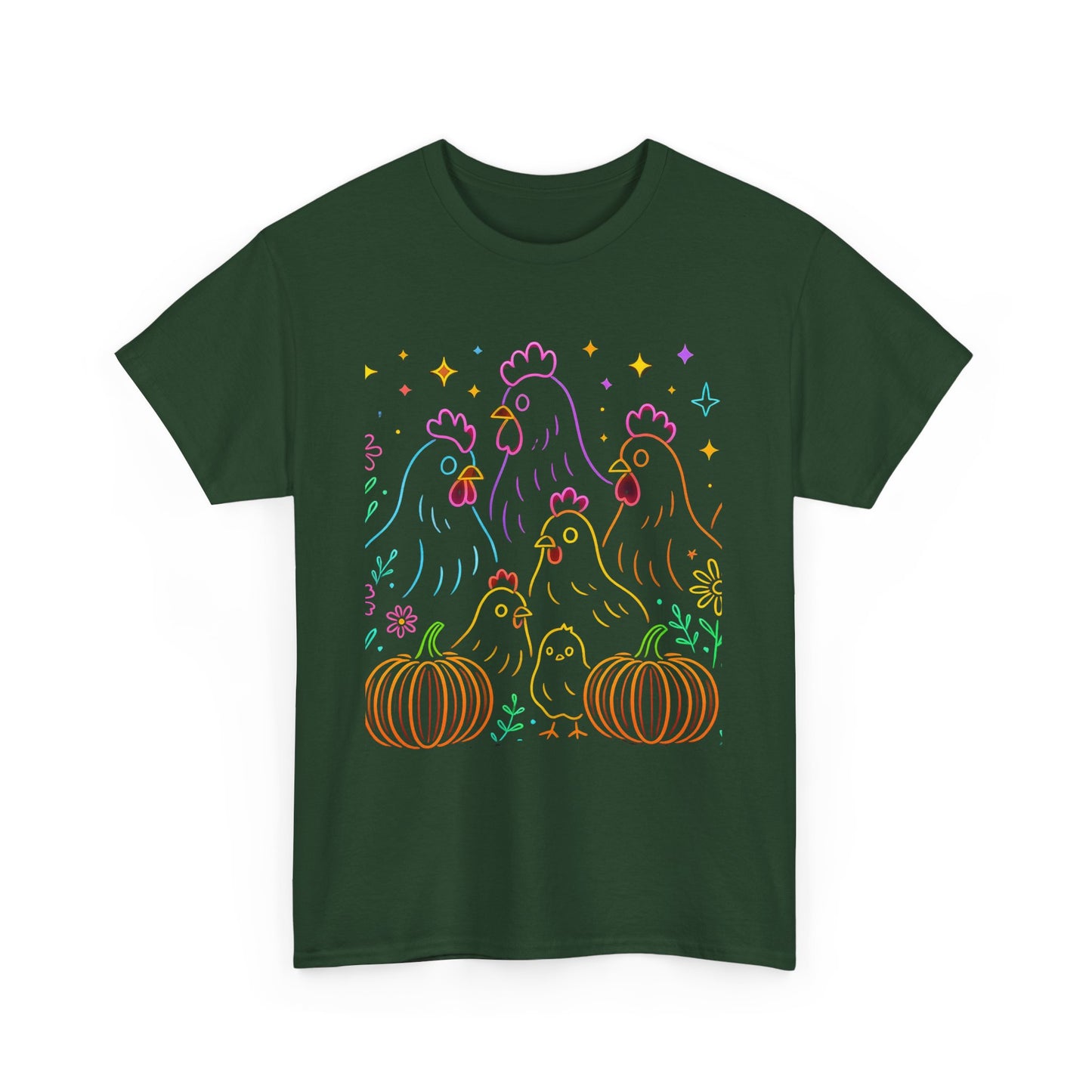 🌻 Autumn Chickens & Pumpkins Tee – Colorful Farm Harvest Shirt