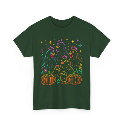 🌻 Autumn Chickens & Pumpkins Tee – Colorful Farm Harvest Shirt