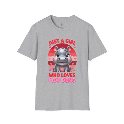 Just a Girl Who Loves Moo Deng Unisex Softstyle T-Shirt | Cute Hippo Tee, Animal Lover Shirt, Gift for Kids, Summer Wear, Birthday Present