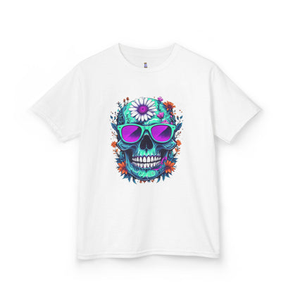Vibrant Skull Youth Tee, Colorful T-Shirt for Festivals, Birthday Gift, Summer Wear, Unique Graphic Tee
