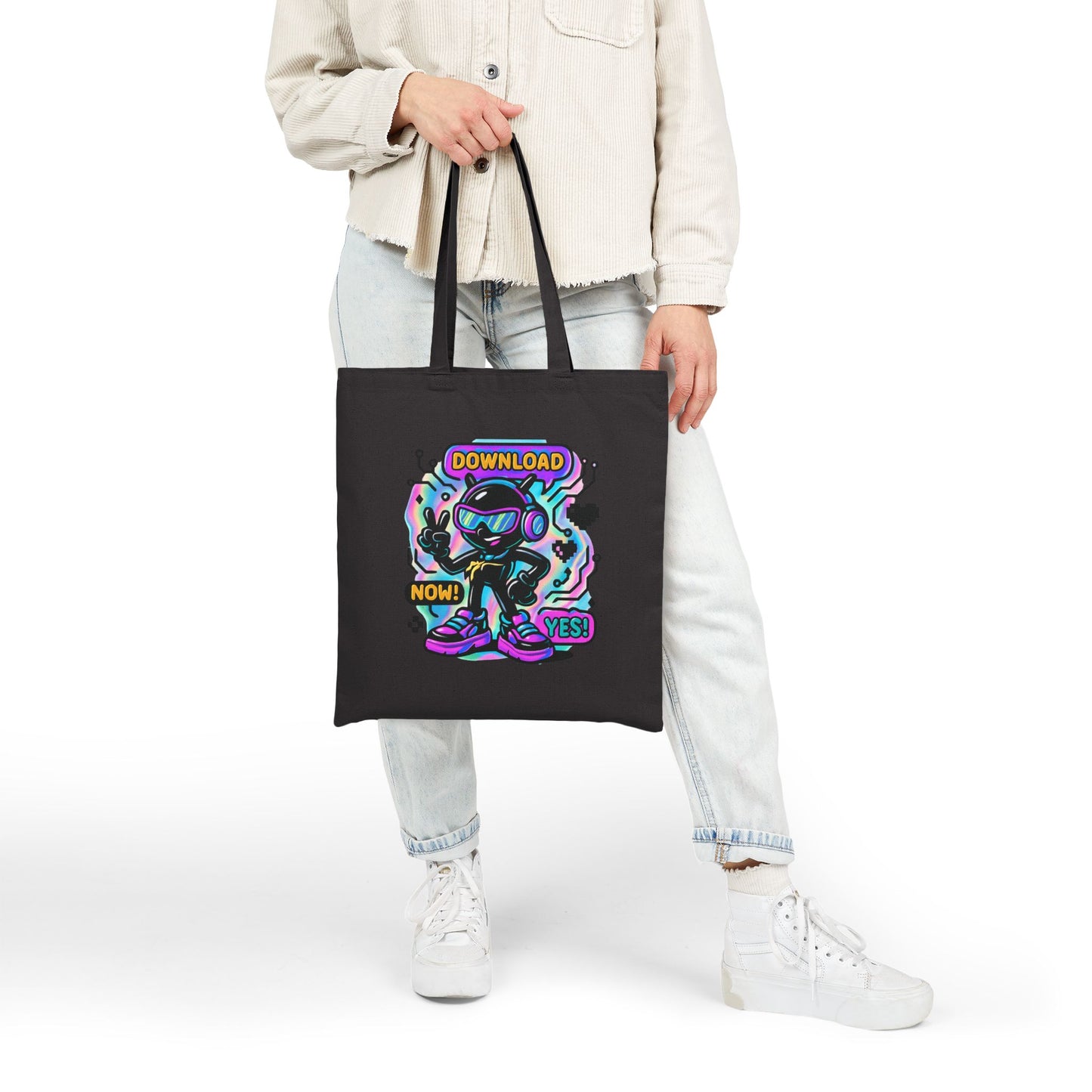 Retro Cyber Mascot Tote Bag — "Download Now! Yes!" Neon Gamer Canvas Tote