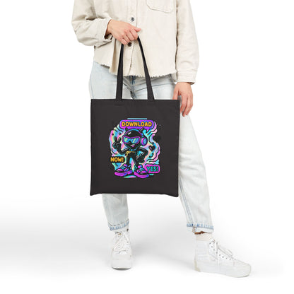 Retro Cyber Mascot Tote Bag — "Download Now! Yes!" Neon Gamer Canvas Tote
