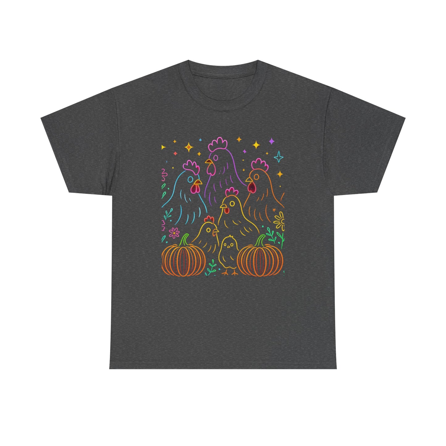 🌻 Autumn Chickens & Pumpkins Tee – Colorful Farm Harvest Shirt