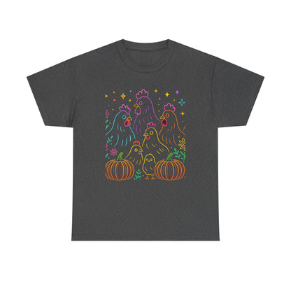 🌻 Autumn Chickens & Pumpkins Tee – Colorful Farm Harvest Shirt