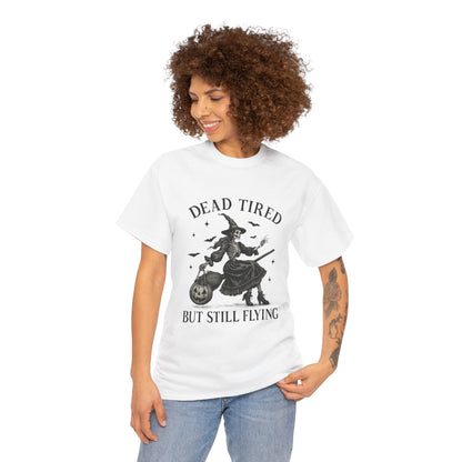 Dead Tired But Flying Skeleton Witch Halloween Tee