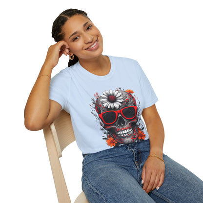 Skull & Flower Graphic T-Shirt, Unisex Casual Tee, Edgy Fashion Wear, Festival Outfit, Gift for Halloween & Day of the Dead