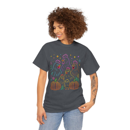 🌻 Autumn Chickens & Pumpkins Tee – Colorful Farm Harvest Shirt