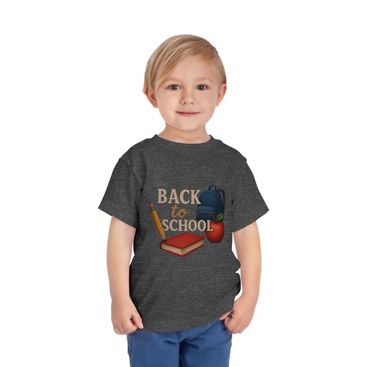 Toddler Tee Back to School Shirt with Backpack, Apple, Pencil, and Book Design