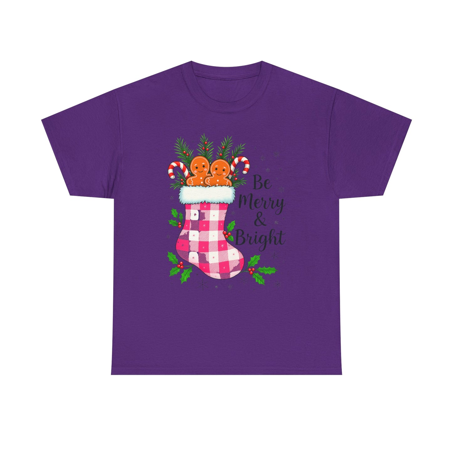 Pink Gingham Stocking Christmas Tee - Be Merry & Bright