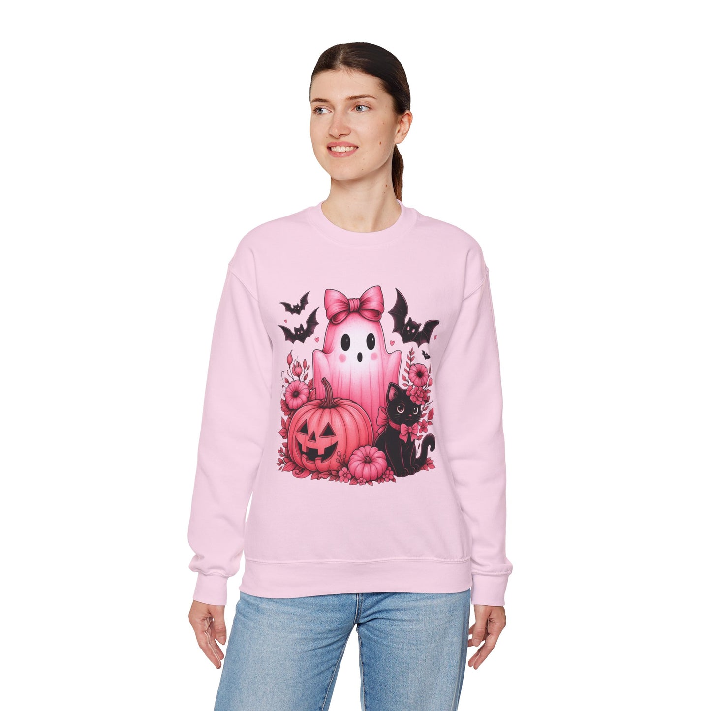 Pink Ghost & Pumpkin Halloween Crewneck Sweatshirt
