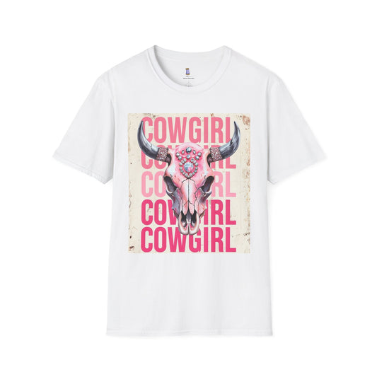 Cowgirl Skull Graphic Tee, Unisex Softstyle T-Shirt, Western Style Shirt, Gift for Cowgirls, Country Music Lover Shirt, Rodeo Outfit