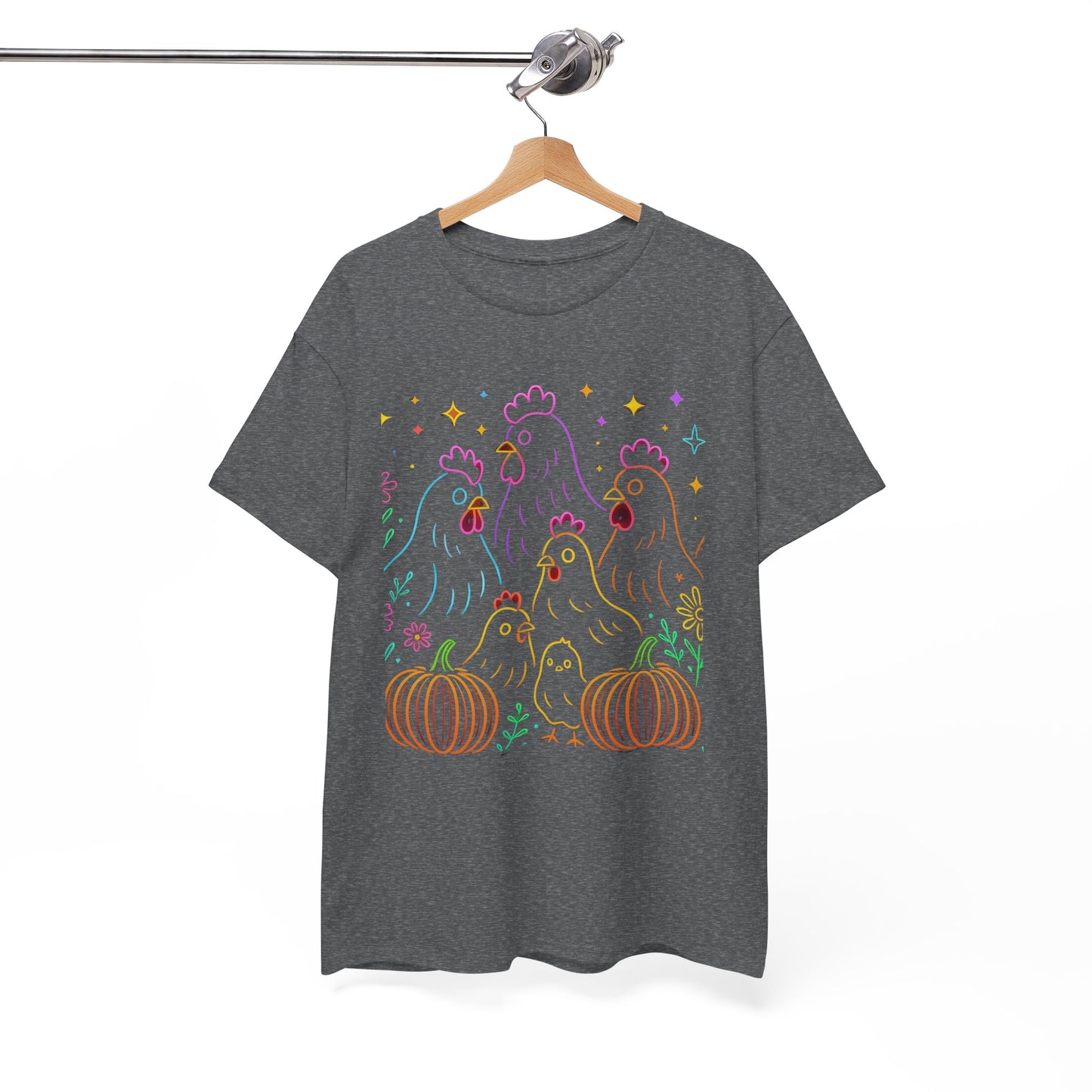 🌻 Autumn Chickens & Pumpkins Tee – Colorful Farm Harvest Shirt