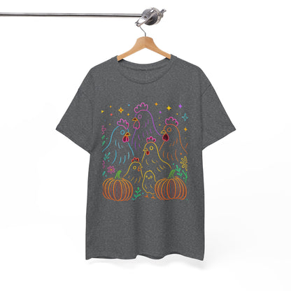 🌻 Autumn Chickens & Pumpkins Tee – Colorful Farm Harvest Shirt