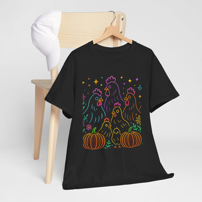 🌻 Autumn Chickens & Pumpkins Tee – Colorful Farm Harvest Shirt