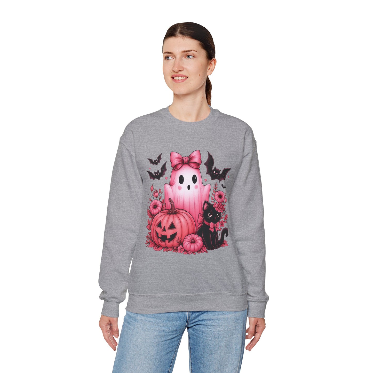 Pink Ghost & Pumpkin Halloween Crewneck Sweatshirt