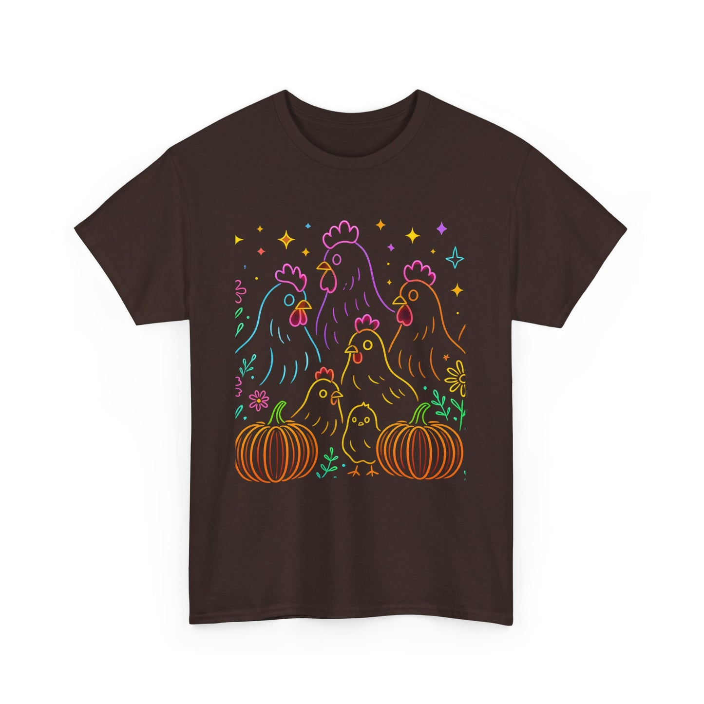 🌻 Autumn Chickens & Pumpkins Tee – Colorful Farm Harvest Shirt