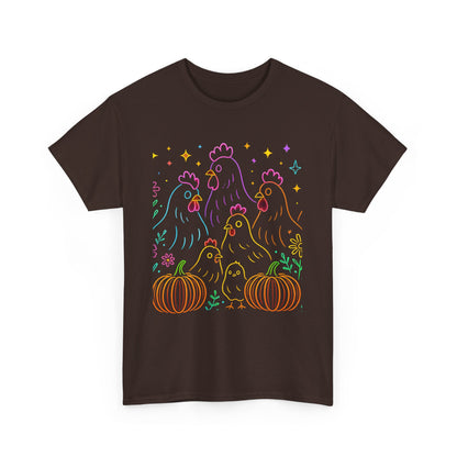 🌻 Autumn Chickens & Pumpkins Tee – Colorful Farm Harvest Shirt