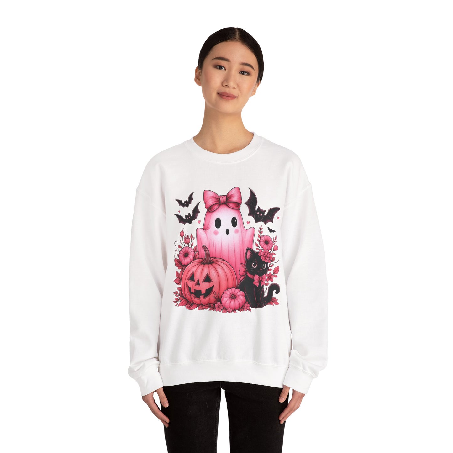 Pink Ghost & Pumpkin Halloween Crewneck Sweatshirt