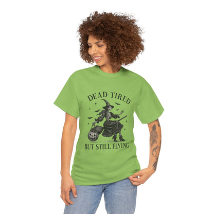 Dead Tired But Flying Skeleton Witch Halloween Tee