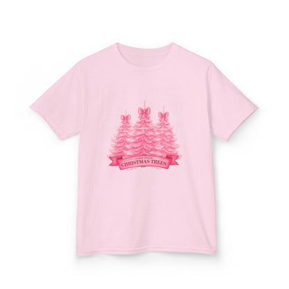 Pink Farm Fresh Christmas Tree Dino Tee - Kids Holiday Shirt