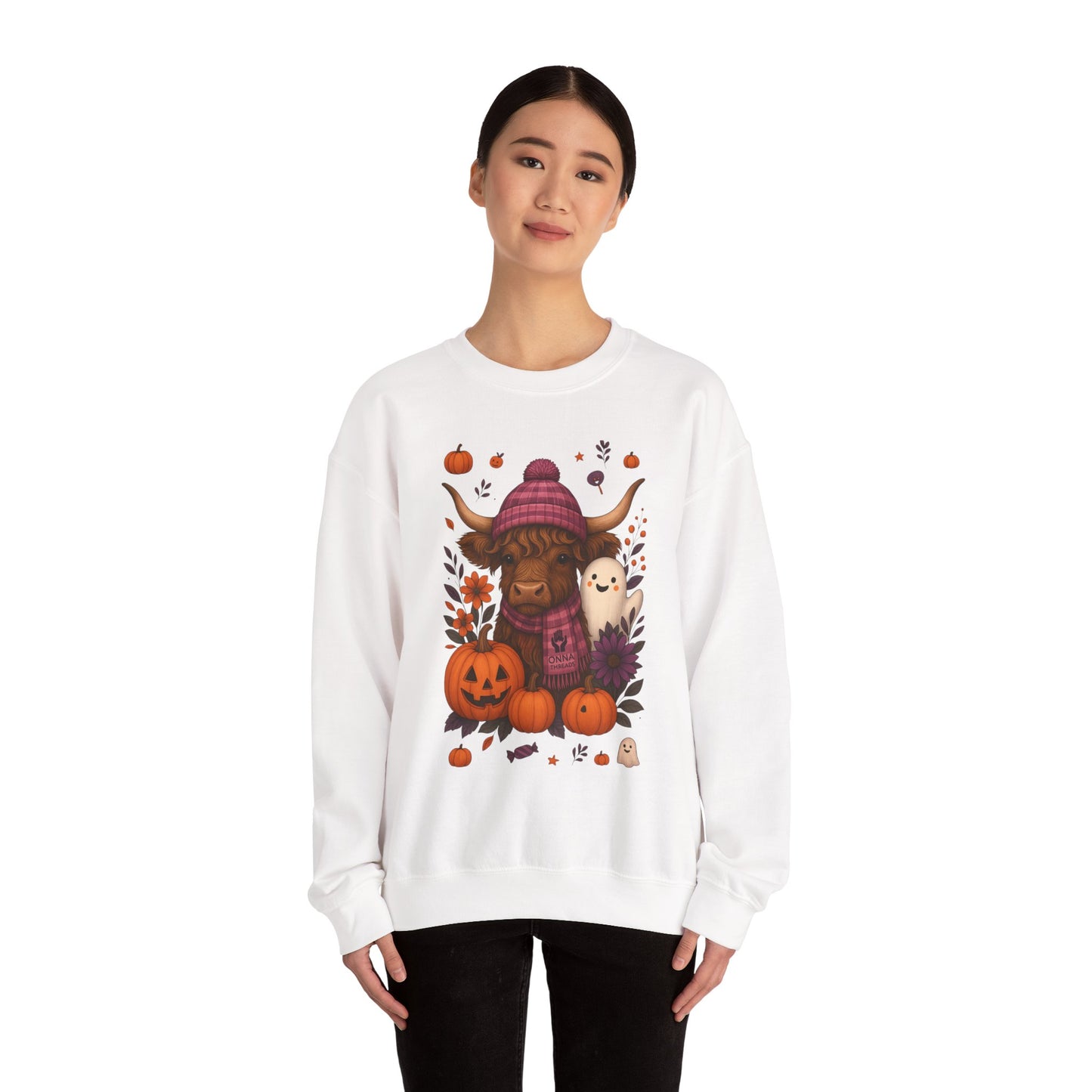 Highland Cow & Ghost Halloween Crewneck Sweatshirt