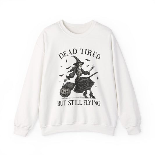 Dead Tired Skeleton Witch Halloween Crewneck Sweatshirt