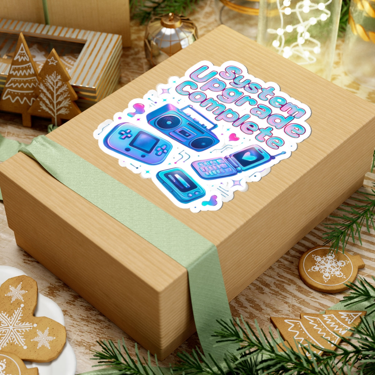 Retro Tech Kiss-Cut Sticker – "System Upgrade Complete" Vaporwave Gaming Laptop Decal