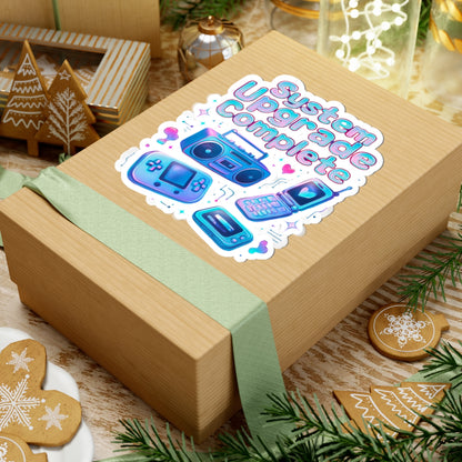 Retro Tech Kiss-Cut Sticker – "System Upgrade Complete" Vaporwave Gaming Laptop Decal