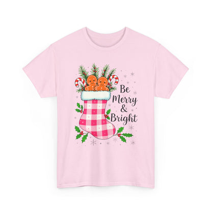 Pink Gingham Stocking Christmas Tee - Be Merry & Bright