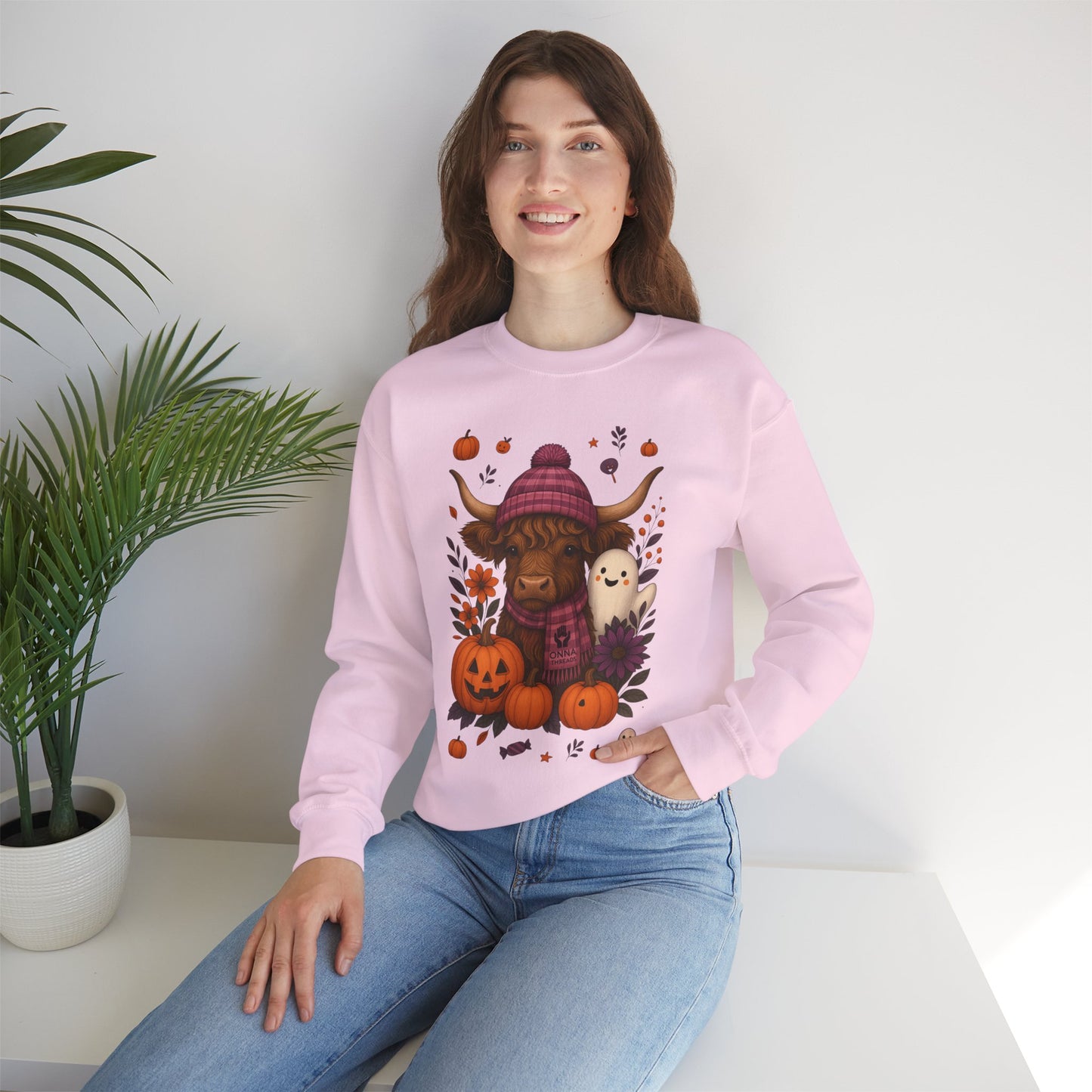 Highland Cow & Ghost Halloween Crewneck Sweatshirt